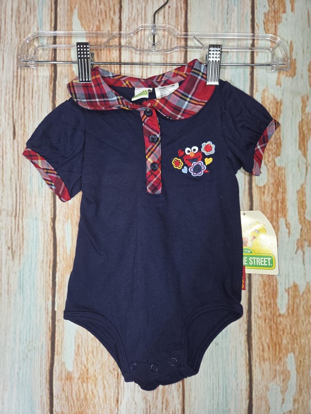 Vintage New Stock Sesame Street Navy Baby Onesie with Red Plaid Trim. 12m